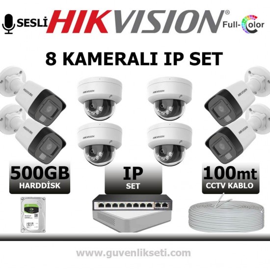 Hikvision 2MP 8 kamerali IP kamera seti gece renkli sesli PoE sistem bullet dome
